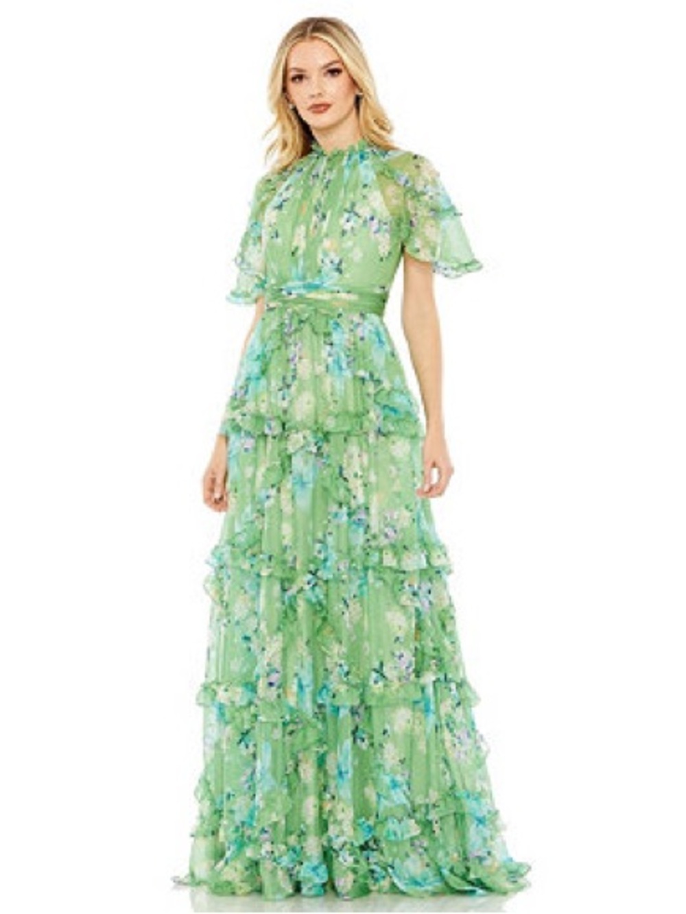 Altered Mac Duggal Formal Green Floral Ruffled Maxi Dress, Size 22